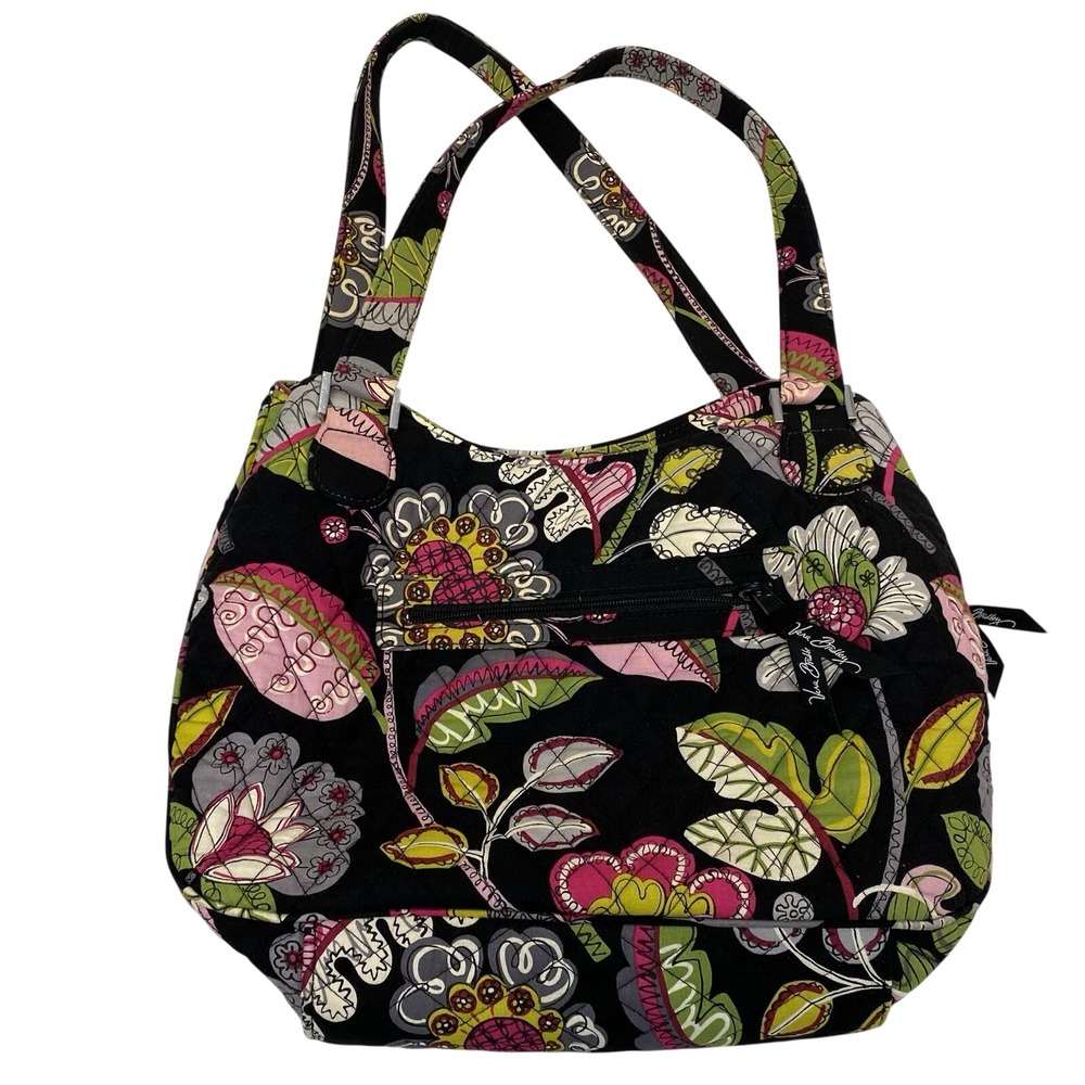 Vera Bradley Moon Blooms Pleated Shoulder Bag Quilted Black Pink Green Retired
